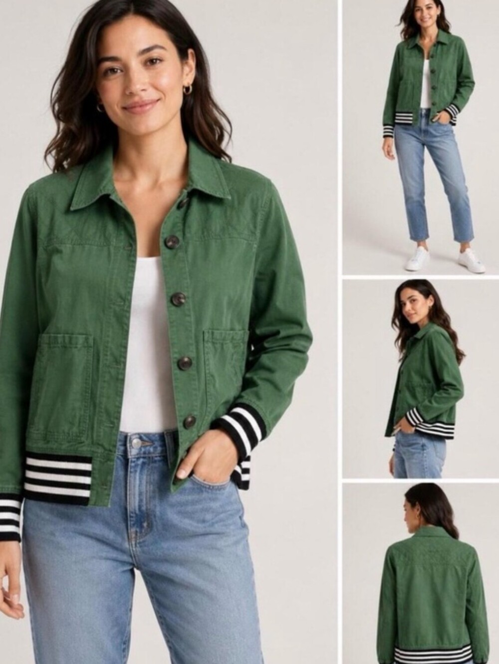 Cabi Mod Bomber Green Twill Quilted Stripe Trim Medium